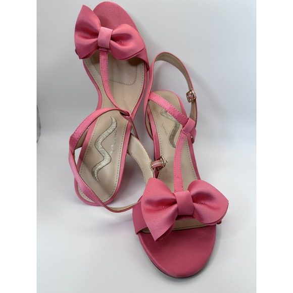 Nina Women's Pink Satin Bow Heels Slingback Open Toe Block Heel - Picture 4 of 8